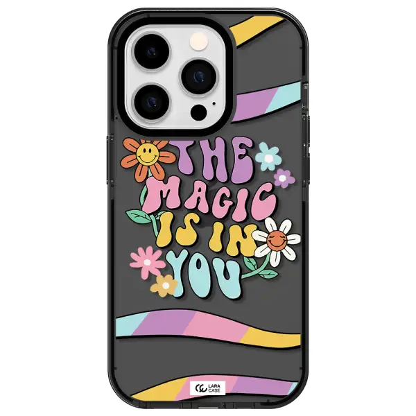 a cartoon text with flowers Apple iPhone 14 pro impact Smoke Black Case