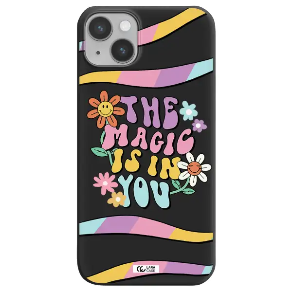 a cartoon text with flowers Apple iPhone 14 Silicone black Case