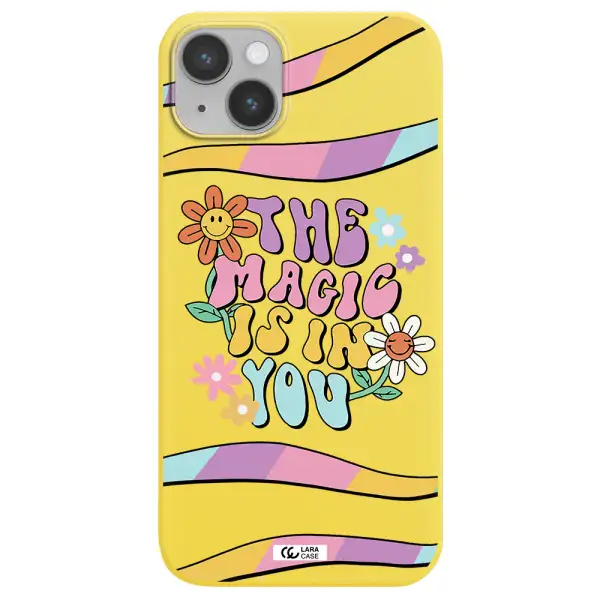 a cartoon text with flowers Apple iPhone 14 Silicone canary yellow Case