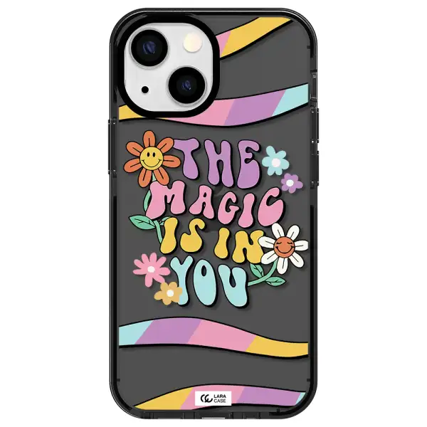 a cartoon text with flowers Apple iPhone 15 impact Smoke Black Case