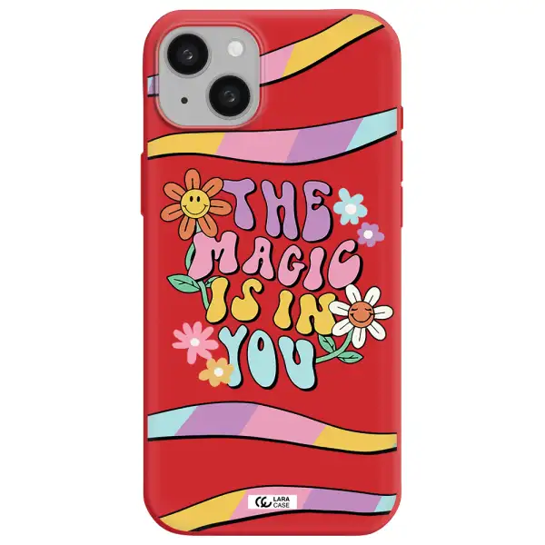a cartoon text with flowers Apple iphone 15 plus Silicone Imperial Red Case