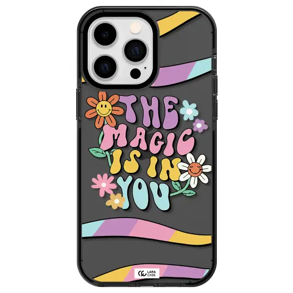 a cartoon text with flowers Apple iPhone 15 Pro impact Smoke Black Case