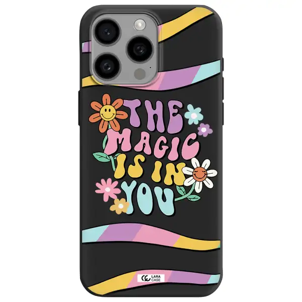 a cartoon text with flowers Apple Iphone 15 Pro max Silicone black Case