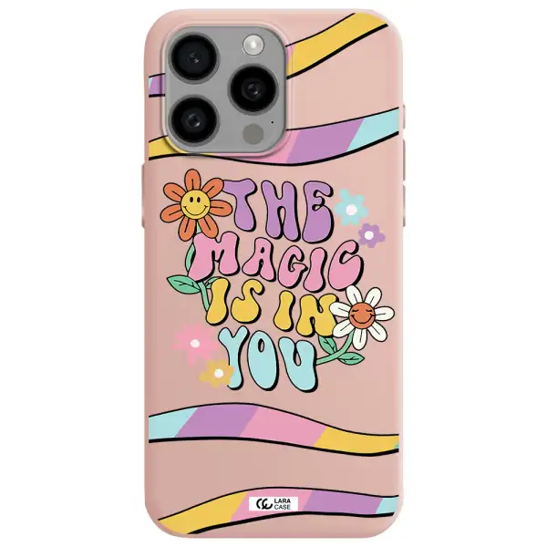 a cartoon text with flowers Apple Iphone 15 Pro max Silicone pastel pink Case