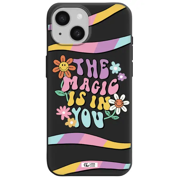 a cartoon text with flowers Apple iPhone 15 Silicone black Case