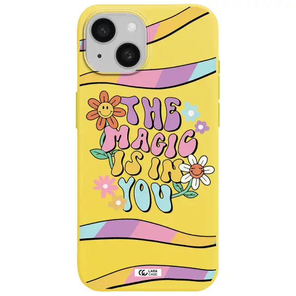 a cartoon text with flowers Apple iPhone 15 Silicone canary yellow Case