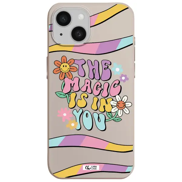 a cartoon text with flowers Apple iPhone 15 Silicone Stone Case