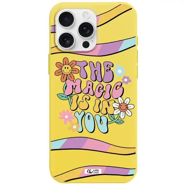 A Cartoon Text With Flowers Apple Iphone 16 Pro Max Silicone Canary Yellow Case