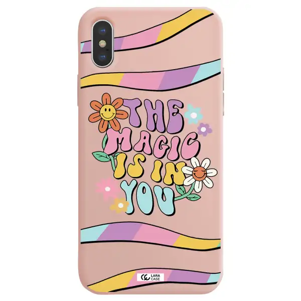 a cartoon text with flowers Apple iPhone X Silicone pastel pink Case