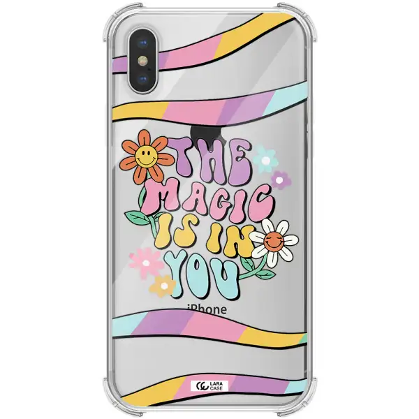 a cartoon text with flowers Apple iPhone XS Clear PC Case