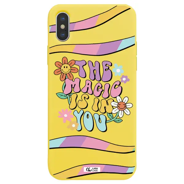 a cartoon text with flowers Apple iPhone XS Silicone canary yellow Case