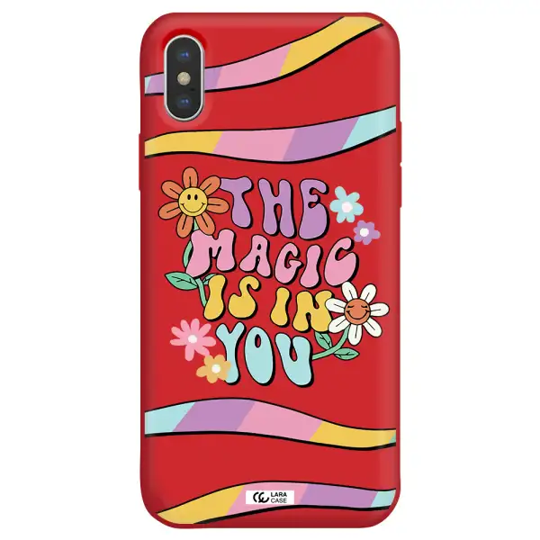 a cartoon text with flowers Apple iPhone XS Silicone Imperial Red Case