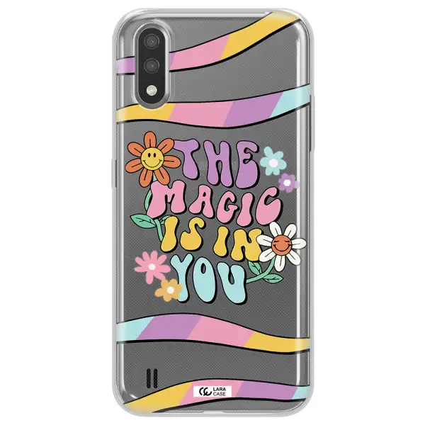a cartoon text with flowers Samsung A01 Clear TPU Case