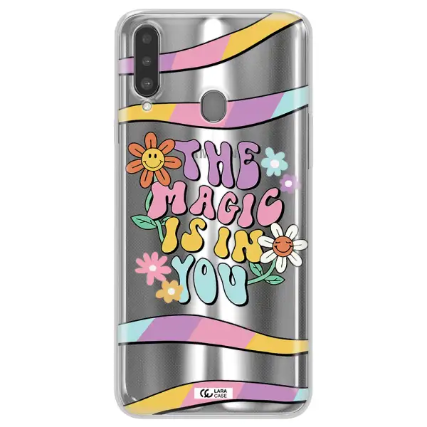 a cartoon text with flowers Samsung A20S Clear TPU Case