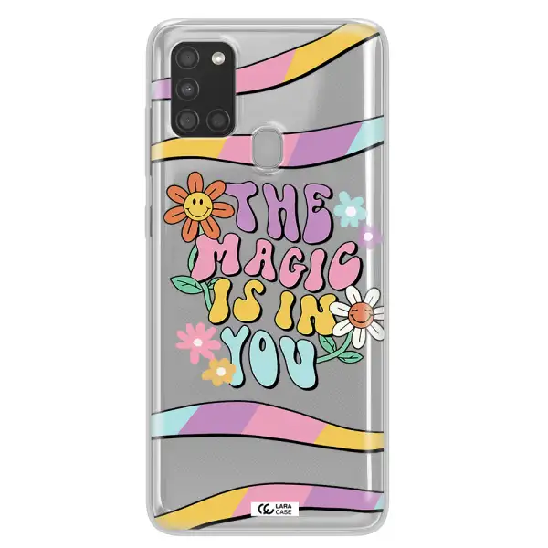 a cartoon text with flowers Samsung A21S Clear TPU Case