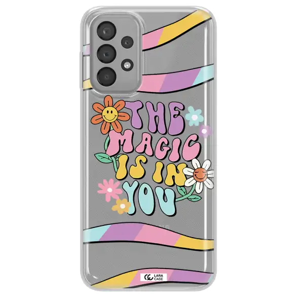 a cartoon text with flowers Samsung A23 Clear TPU Case