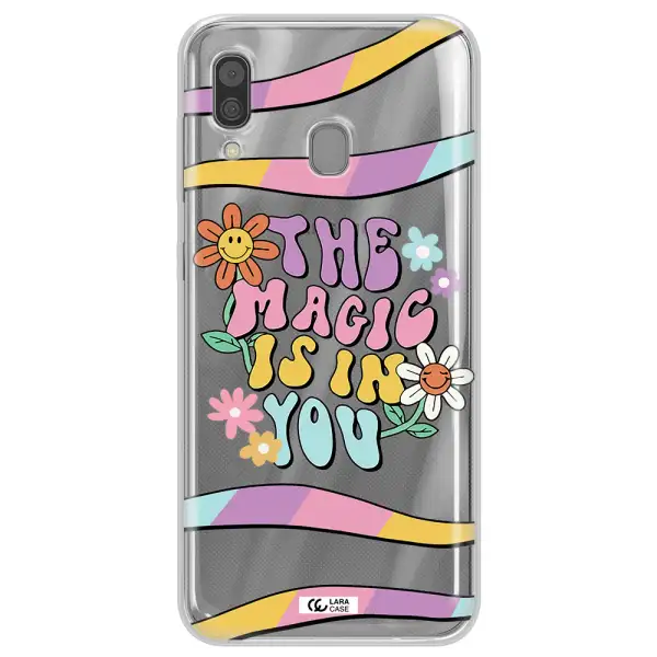 a cartoon text with flowers Samsung A30 Clear TPU Case