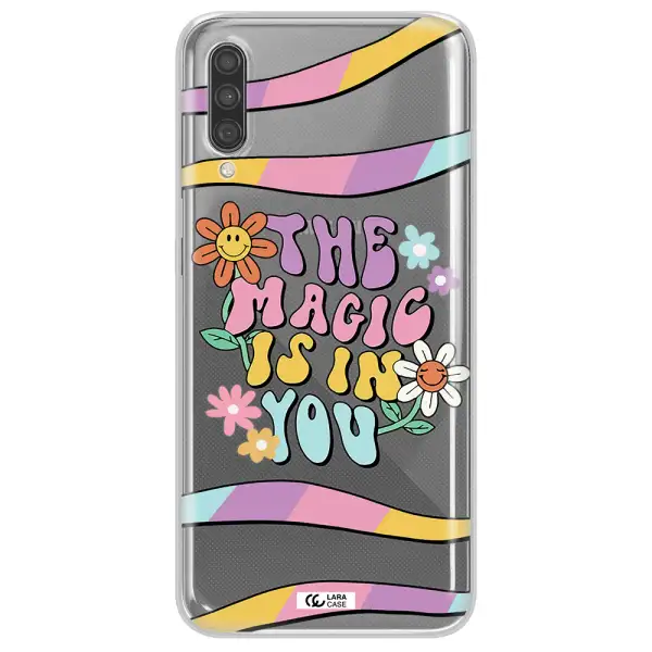 a cartoon text with flowers Samsung A30S Clear TPU Case