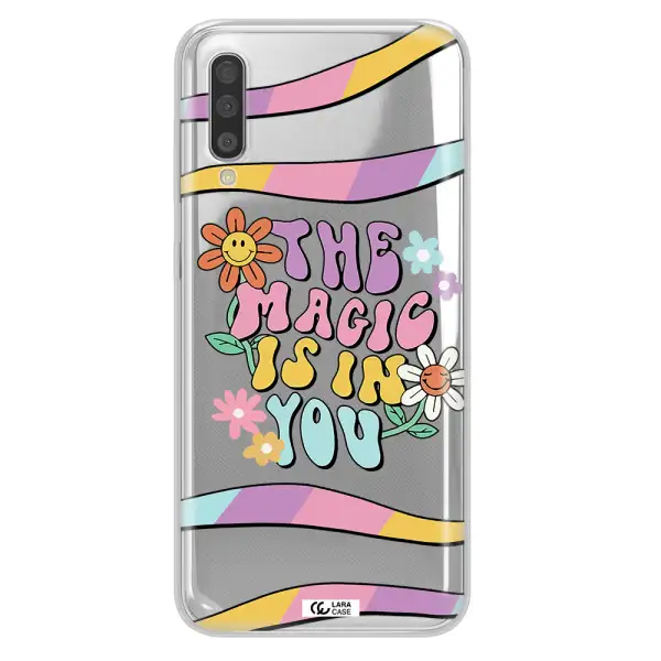 a cartoon text with flowers Samsung A50 Clear TPU Case