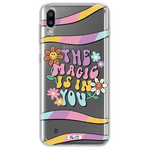 a cartoon text with flowers Samsung M10 Clear TPU Case