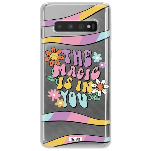 a cartoon text with flowers Samsung S10 Clear TPU Case