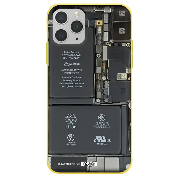 a close-up of a cell phone battery Apple iPhone 11 pro max Silicone canary yellow Case