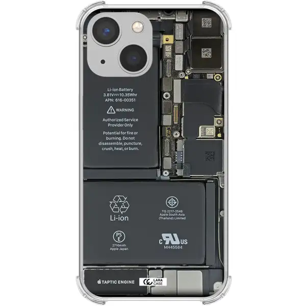 a close-up of a cell phone battery Apple iPhone 13 Clear PC Case