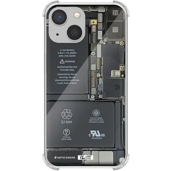 a close-up of a cell phone battery Apple iPhone 13 mini Clear PC Case