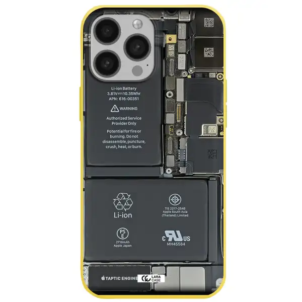 a close-up of a cell phone battery Apple iPhone 13 Pro Max Silicone canary yellow Case