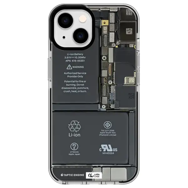 a close-up of a cell phone battery Apple iPhone 14 impact black border Case