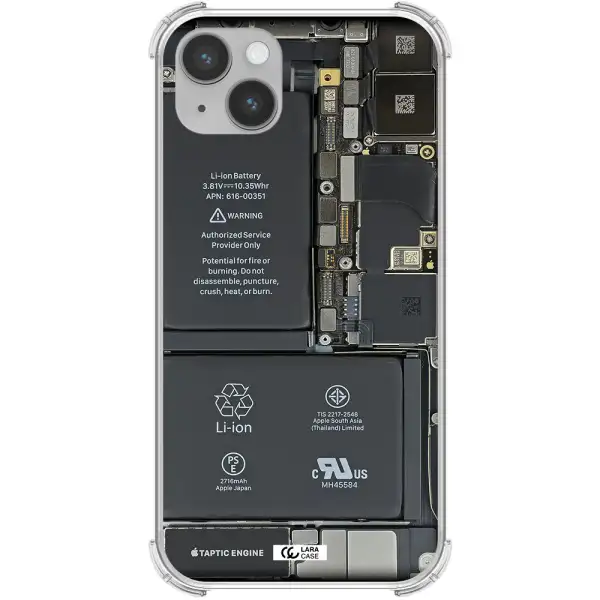 a close-up of a cell phone battery Apple iPhone 14 plus Clear PC Case