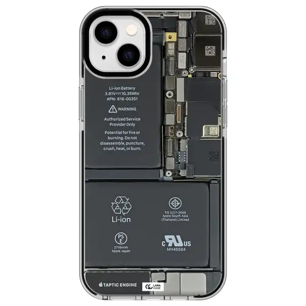 a close-up of a cell phone battery Apple iPhone 14 plus impact black border Case