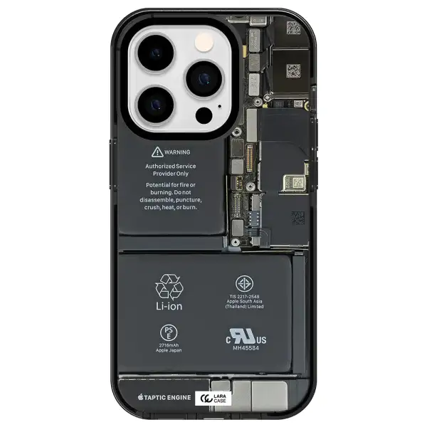 a close-up of a cell phone battery Apple iPhone 14 pro impact Smoke Black Case