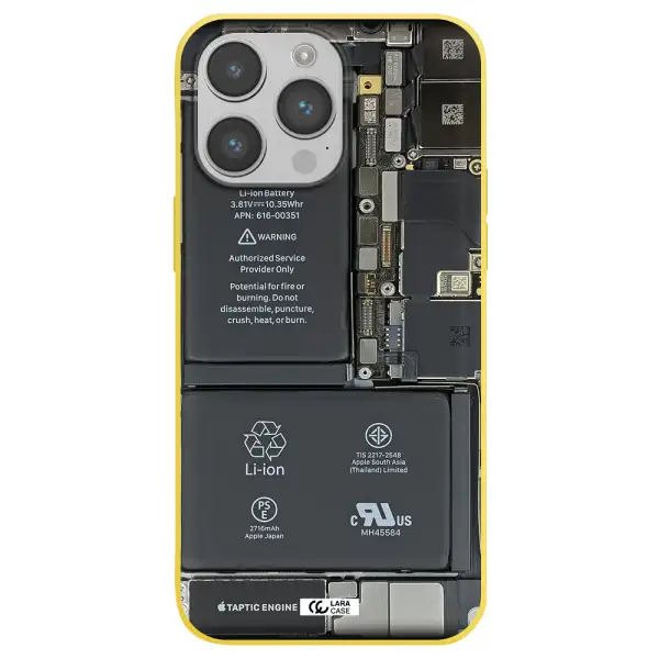 a close-up of a cell phone battery Apple iPhone 14 pro max Silicone canary yellow Case