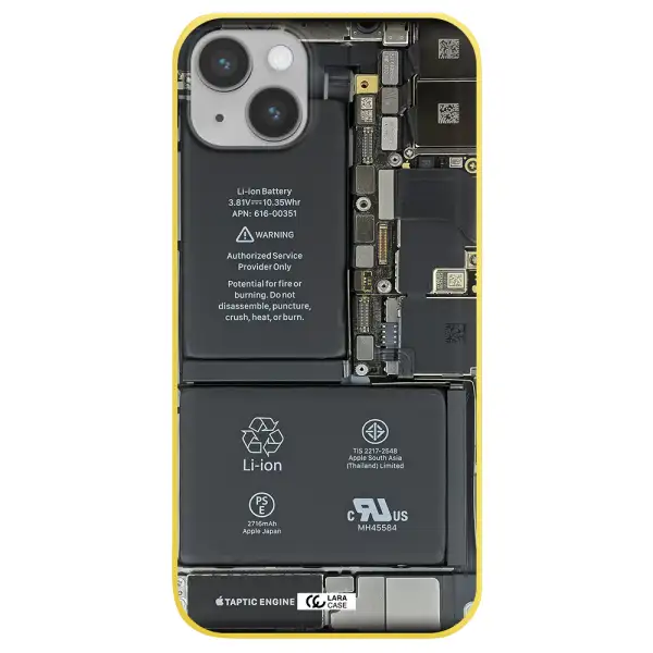 a close-up of a cell phone battery Apple iPhone 14 Silicone canary yellow Case