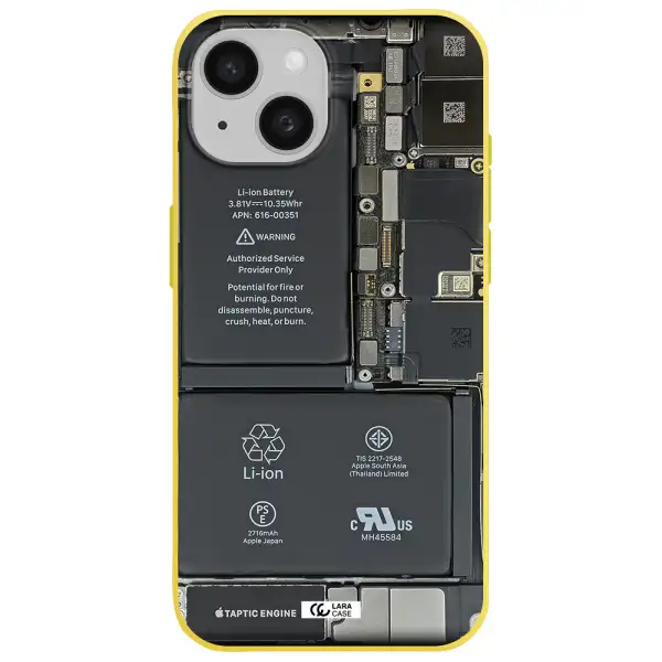 a close-up of a cell phone battery Apple iPhone 15 Silicone canary yellow Case