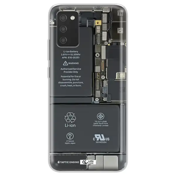 A Close-Up Of A Cell Phone Battery Samsung A02S Clear Tpu Case