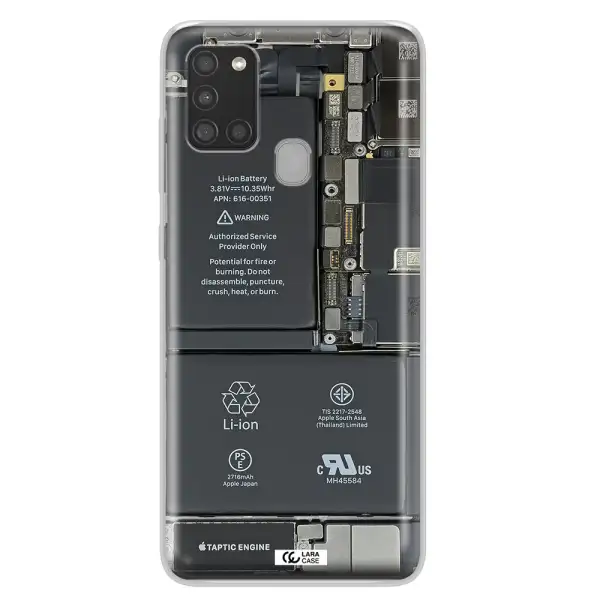 A Close-Up Of A Cell Phone Battery Samsung A21S Clear Tpu Case
