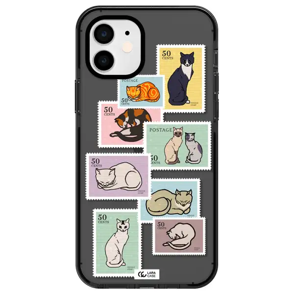 a collage of cats on stamps Apple iPhone 11 impact Smoke Black Case