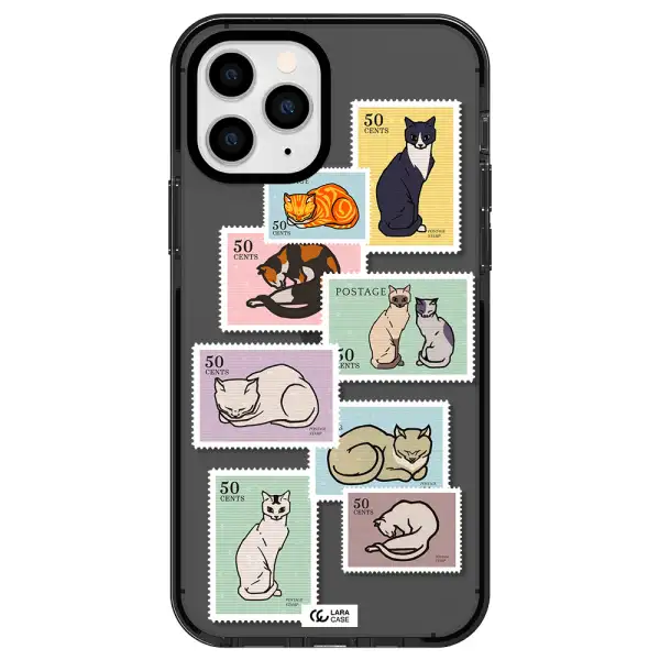 a collage of cats on stamps Apple iPhone 11 pro impact Smoke Black Case