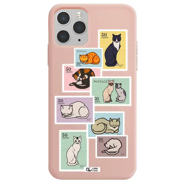 a collage of cats on stamps Apple iPhone 11 pro max Silicone pastel pink Case