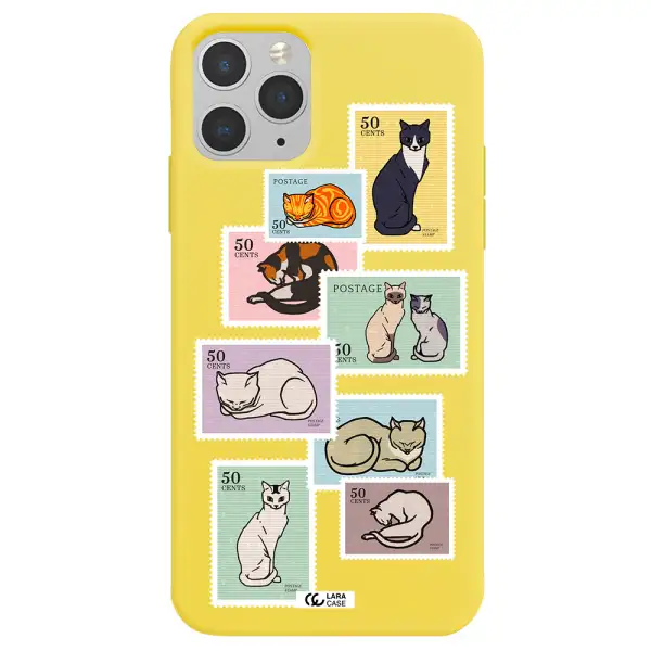 a collage of cats on stamps Apple iPhone 11 pro Silicone canary yellow Case