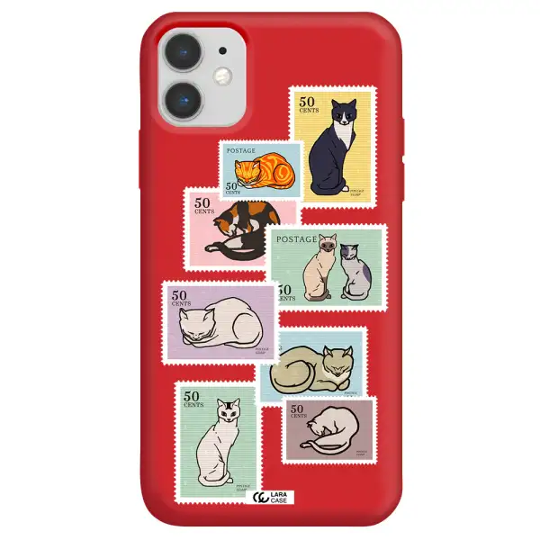 a collage of cats on stamps Apple iPhone 11 Silicone Imperial Red Case