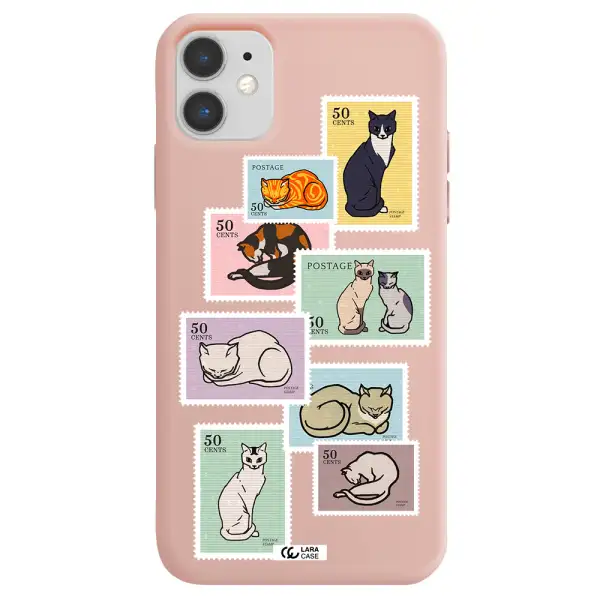 a collage of cats on stamps Apple iPhone 11 Silicone pastel pink Case