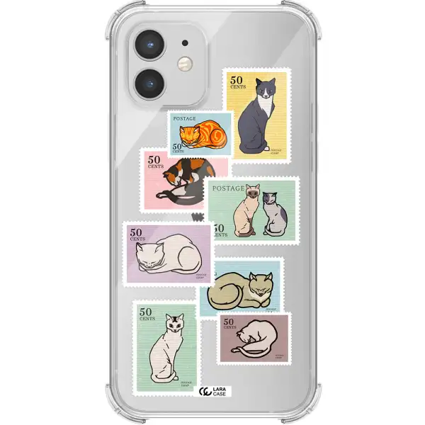 a collage of cats on stamps Apple iPhone 12 Clear PC Case