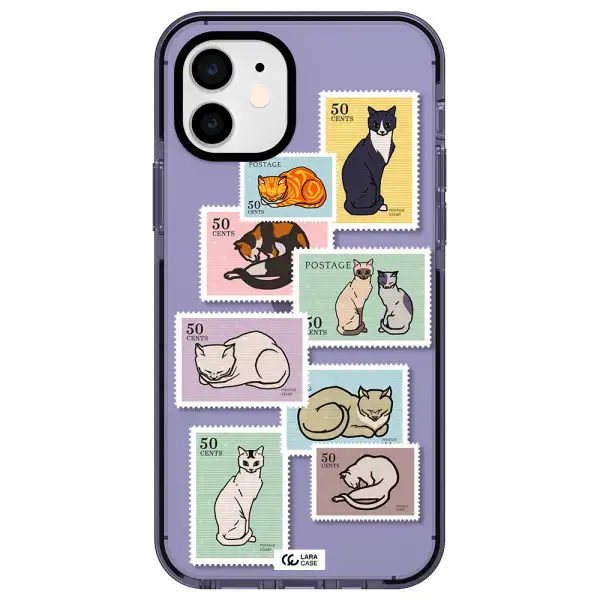 a collage of cats on stamps Apple iPhone 12 impact Lilac Case