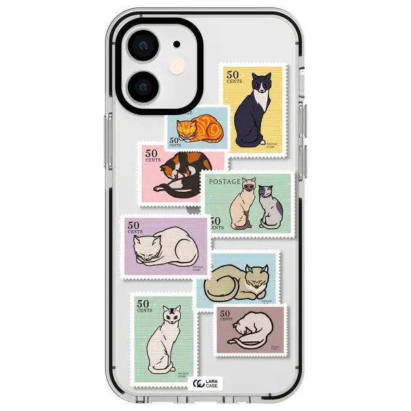 a collage of cats on stamps Apple iPhone 12 mini impact black border Case