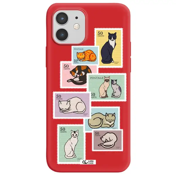a collage of cats on stamps Apple iPhone 12 mini Silicone Imperial Red Case