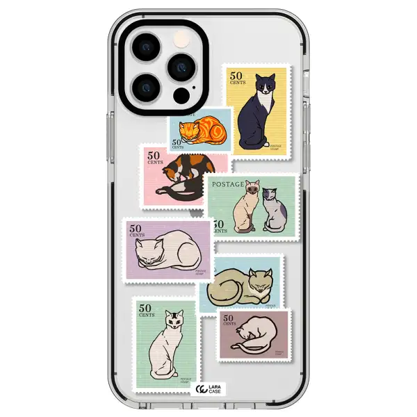 a collage of cats on stamps Apple iPhone 12 pro impact black border Case