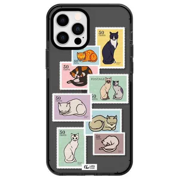 a collage of cats on stamps Apple iPhone 12 pro impact Smoke Black Case